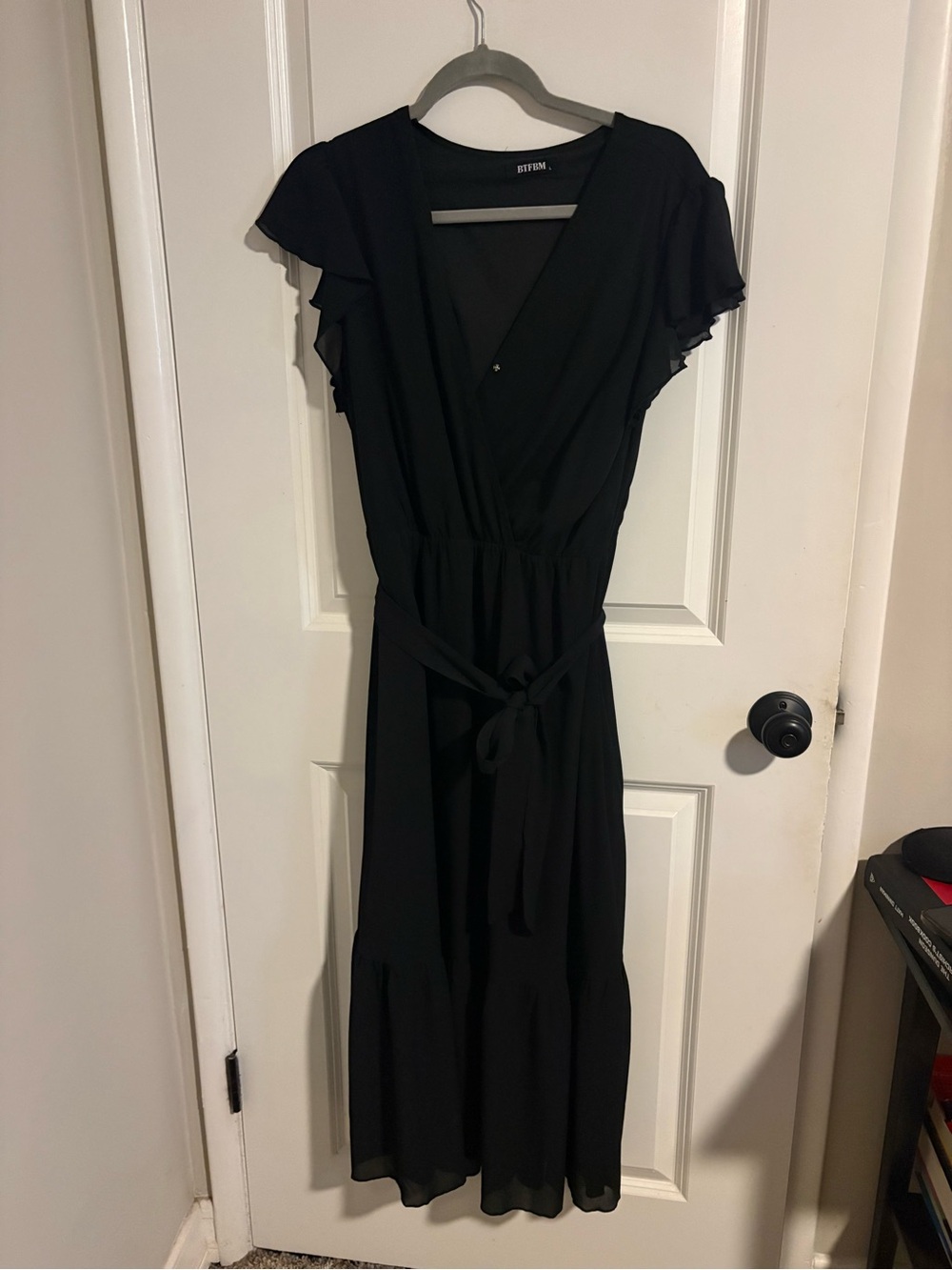 Black Wrap Midi Dress with Tie Waist